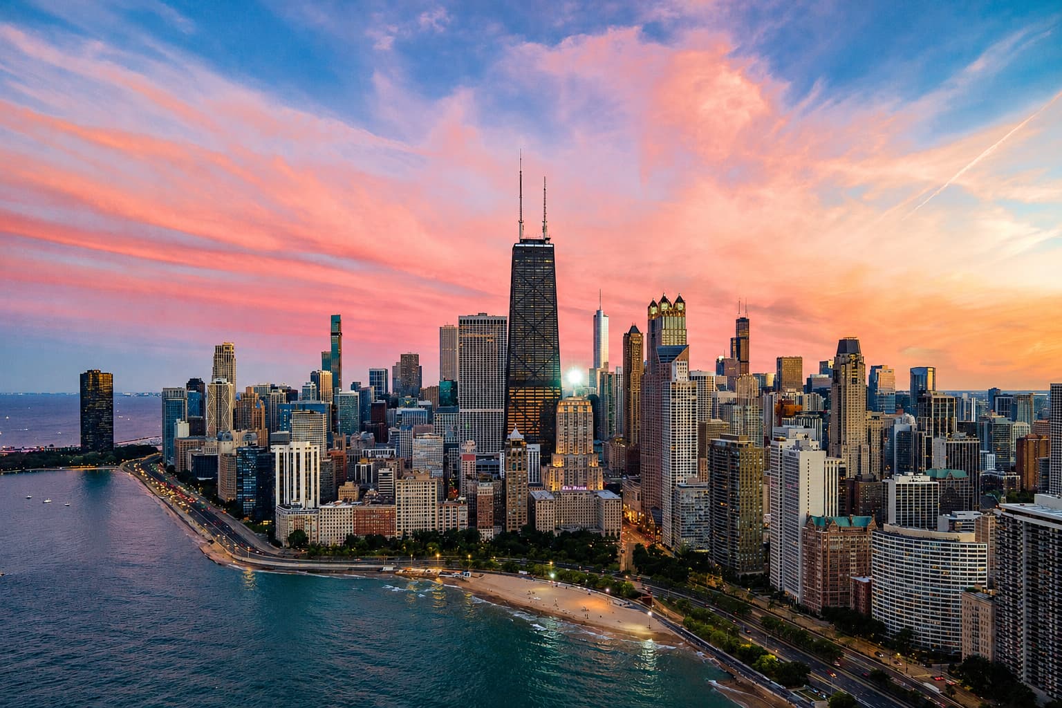 Chicago skyline beside Lake Michigan at sunset