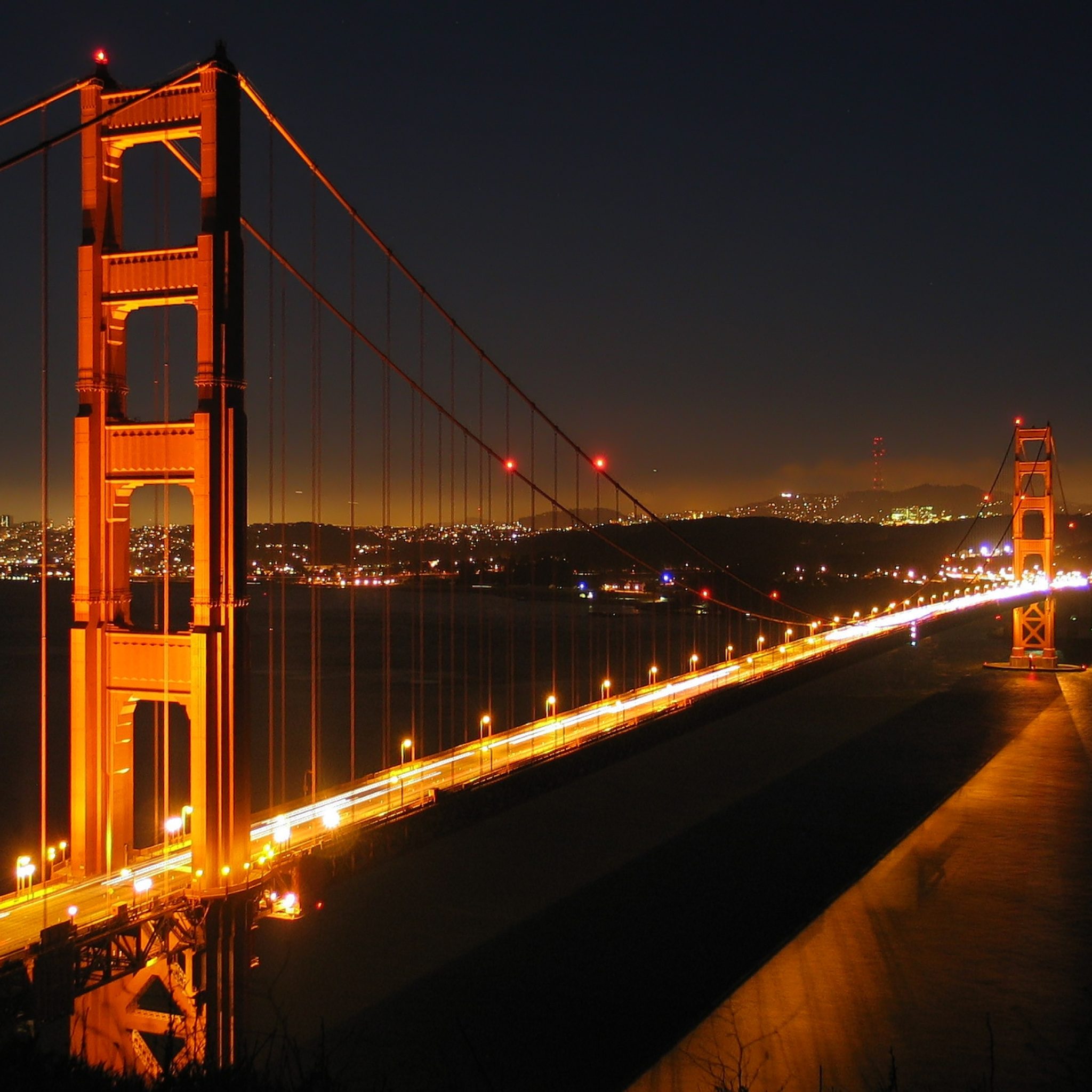 The Golden Gate Bridge in San Francisco lit up at night